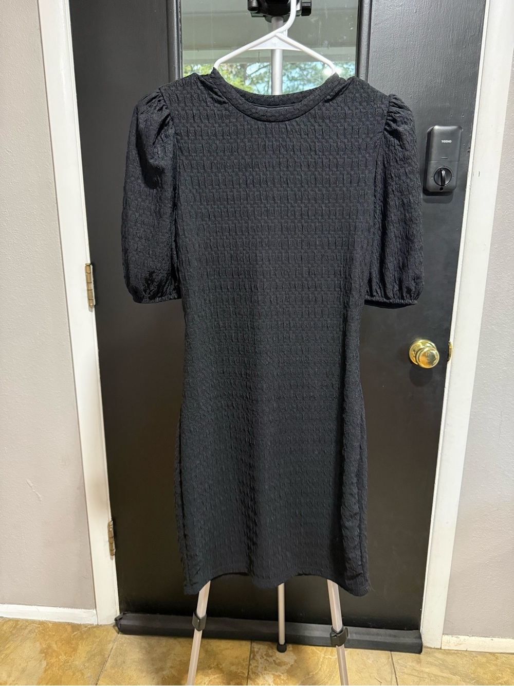 SHEIN Black Textured Puff Sleeve Mini Dress